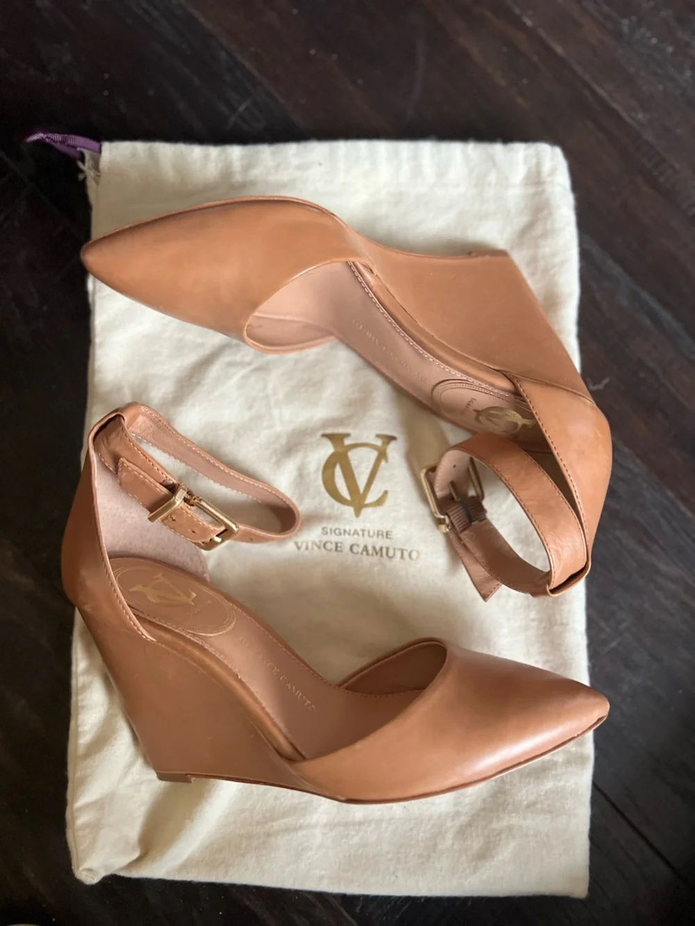 Vince Camuto Signature VI-SOLANNA Ankle Strap Wedge Pumps Tan Nude 6M/36